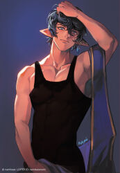 Rule 34 | 1boy, absurdres, arm at side, aymeric de borel, black hair, black tank top, blue background, blue eyes, closed mouth, earrings, elezen, elf, final fantasy, final fantasy xiv, hair between eyes, highres, jewelry, lofter username, looking at viewer, male focus, namikaze (dobbyka), pectorals, pointy ears, red pupils, short hair, signature, single earring, solo, tank top