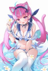 1girl :d ahoge anchor_hair_ornament anchor_symbol animal_ear_fluff animal_ears aqua_hair aqua_nails ayamy bare_shoulders between_thighs bikini blue_bikini blue_hairband blush breasts cat_ears cat_girl cat_tail cleavage collarbone colored_inner_hair commentary_request drill_hair fingernails flower hair_ornament hairband hand_between_thighs hand_on_own_thigh highres holding holding_flower hololive huge_breasts long_hair looking_at_viewer minato_aqua multicolored_hair nail_polish navel open_mouth pink_eyes pink_hair simple_background sitting smile solo stomach streaked_hair swimsuit tail thighhighs thighs twin_drills twintails two-tone_hair virtual_youtuber water white_background white_thighhighs