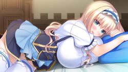 Rule 34 | 1girl, bed, blonde hair, blush, breast press, breasts, eyebrows hidden by hair, female focus, game cg, green eyes, huge breasts, indoors, legs, long hair, looking at viewer, lying, hugging object, on bed, original, parted lips, pillow, pillow hug, satofuji masato, shinomiya ria, skirt, smile, solo, thighhighs, thighs, wannabe creators, zettai ryouiki