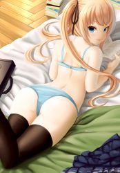 Rule 34 | ass, back, bed sheet, black ribbon, black skirt, black thighhighs, blonde hair, blue bra, blue eyes, blue panties, blush, book, book stack, bra, briefcase, closed mouth, dkoro, fang, fang out, from above, hair ribbon, highres, long hair, looking back, lying, on bed, on stomach, open book, panties, pleated skirt, ribbon, saenai heroine no sodatekata, sawamura spencer eriri, school briefcase, skirt, unworn skirt, smile, thighhighs, twintails, twitter username, underwear, wooden floor