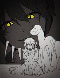 Rule 34 | 1boy, 1girl, bow, dark konoha, dress, fingernails, greyscale, hair bow, hairband, headphones, highres, kagerou project, konoha (kagerou project), koyon, kozakura marry, mini person, minigirl, monochrome, outer science (vocaloid), parted lips, puffy short sleeves, puffy sleeves, red eyes, scales, short sleeves, sidelocks, size difference, slit pupils, smile, wings, yellow eyes