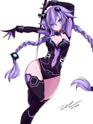 Rule 34 | 1girl, blue eyes, braid, breasts, choujigen game neptune, cleavage, closed mouth, commentary request, gloves, hair ornament, highres, leotard, long hair, looking at viewer, medium breasts, navel, neptune (series), power symbol, power symbol-shaped pupils, purple hair, purple heart (neptunia), scarlet zel, simple background, smile, solo, symbol-shaped pupils, thighhighs, twin braids, very long hair, white background, wide hips