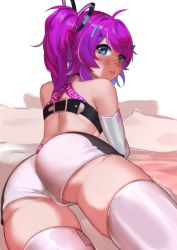 Rule 34 | 1girl, a big brother, ass, bandaid, bandaid on face, bandaid on nose, blue eyes, indie virtual youtuber, looking back, lying, melody (projektmelody), on stomach, ponytail, purple hair, shorts, solo, thighhighs, virtual youtuber, vshojo