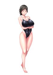Rule 34 | 1girl, barefoot, black hair, black one-piece swimsuit, breasts, cameltoe, crossed arms, curvy, female focus, full body, game cg, highres, julia bloodstone, kangoku academia, large breasts, lilith-soft, looking at viewer, nipples, one-piece swimsuit, partially visible vulva, red eyes, shiny skin, short hair, sian, smile, solo, standing, swimsuit, tachi-e, transparent background