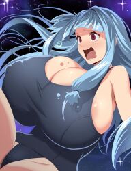 Rule 34 | 1girl, areola slip, blue hair, breasts, cleavage, collarbone, commission, covered erect nipples, dot nose, female focus, floating, floating hair, galaxy, giant, giantess, gigantic breasts, highres, kloah, long hair, nipples, one-piece swimsuit, open mouth, planet, red eyes, smile, solo, space, star (sky), swimsuit, thick thighs, thighs