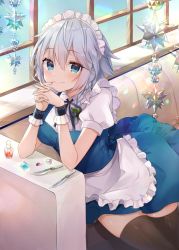 Rule 34 | 1girl, apron, bad id, bad pixiv id, black thighhighs, blue dress, blue eyes, bow, braid, breasts, commentary request, couch, cowboy shot, dress, frilled apron, frills, green bow, hair between eyes, hair bow, hands up, indoors, interlocked fingers, izayoi sakuya, knife, looking at viewer, maid, maid apron, maid headdress, medium breasts, natsuki (ukiwakudasai), own hands together, puffy short sleeves, puffy sleeves, shirt, short dress, short hair, short sleeves, silver hair, sitting, skindentation, smile, solo, thighhighs, thighs, touhou, twin braids, waist apron, white apron, white shirt, window, wrist cuffs, zettai ryouiki