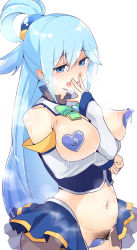 Rule 34 | 1girl, aqua (konosuba), bare shoulders, blue eyes, blue hair, blue skirt, blush, bow, breasts, collarbone, commentary request, covered erect nipples, detached sleeves, female pubic hair, gem, green bow, hair ornament, hair rings, heart pasties, highres, kono subarashii sekai ni shukufuku wo!, large breasts, long hair, long sleeves, maebari, navel, nipples, open mouth, pasties, pubic hair, shirabe shiki, simple background, skirt, smile, solo, sweat, very long hair, white background