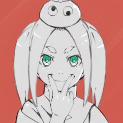 Rule 34 | 1girl, aibiki 1, bright pupils, close-up, closed mouth, commentary, dress, fingersmile, googly eyes, green eyes, hat, highres, hikimayu, looking at viewer, monogatari (series), ononoki yotsugi, parted bangs, partially colored, portrait, red background, short eyebrows, sketch, smile, solo, spot color, straight hair, thick eyebrows, twintails, v, v over mouth