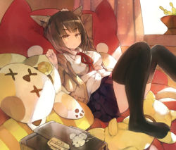 Rule 34 | 1girl, adachi jun, animal ears, bag, bed, black thighhighs, blunt bangs, brown eyes, brown hair, cardigan, cat ears, cowboy shot, curtains, expressionless, eyebrows, from side, indoors, jitome, long sleeves, looking at viewer, lying, neck ribbon, on back, on bed, open cardigan, open clothes, original, pleated skirt, ribbon, school bag, school uniform, short hair, skirt, slit pupils, solo, stuffed animal, stuffed cat, stuffed toy, sunlight, thick eyebrows, thighhighs, x x, zettai ryouiki