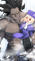 Rule 34 | 1boy, 1girl, bad id, bad pixiv id, dark-skinned male, dark skin, fate/stay night, fate (series), flam (81), fur hat, gradient background, hat, heracles (fate), illyasviel von einzbern, papakha, purple hat, red eyes, size difference, snowing, white hair, yellow eyes