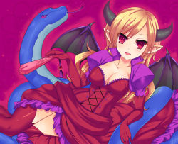 Rule 34 | 1girl, blonde hair, breasts, collarbone, demon wings, dress, elbow gloves, hand fan, frills, geminiboar, gloves, highres, horns, lilith (p&amp;d), long hair, looking at viewer, lying, on side, open mouth, pointy ears, puzzle &amp; dragons, red eyes, smile, snake, solo, wings
