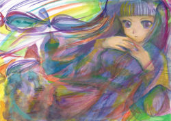 Rule 34 | 1girl, acrylic paint (medium), bad id, bad pixiv id, colorful, female focus, hat, highres, long hair, own hands together, painting (medium), patchouli knowledge, solo, suzaku mikado, touhou, traditional media