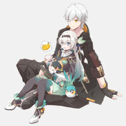 Rule 34 | 1boy, 1girl, banana, black coat, black footwear, black gloves, black hairband, black pants, breasts, caelus (honkai: star rail), coat, collared shirt, cropped jacket, dress, fingerless gloves, firefly (honkai: star rail), food, frilled sleeves, frills, fruit, full body, gloves, green dress, green thighhighs, grey background, grey hair, hair between eyes, hair ornament, hairband, high heels, holding, holding phone, honkai: star rail, honkai (series), hood, hooded coat, kanzaki sora, long hair, long sleeves, looking at viewer, medium breasts, neckerchief, orange neckerchief, origami bird (honkai: star rail), pants, phone, shirt, short hair, sitting, sitting on lap, sitting on person, smile, thighhighs, trailblazer (honkai: star rail), two-tone eyes, yellow eyes