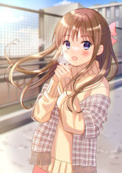 Rule 34 | 1girl, beige sweater, blurry, blurry background, blush, bow, breath, brown hair, day, fringe trim, hair bow, highres, long hair, long sleeves, looking at viewer, open mouth, original, outdoors, own hands together, pechi (peeechika), pink bow, purple eyes, railing, shawl, solo, sweater, turtleneck, turtleneck sweater, upper body