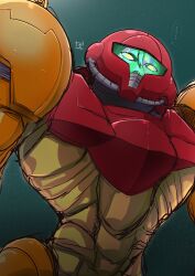 Rule 34 | 1girl, absurdres, armor, assault visor, commentary request, creepy, green background, helmet, highres, looking at viewer, metroid, metroid fusion, nintendo, no pupils, pauldrons, power suit (metroid), revision, sa-x, science fiction, shoulder armor, signature, simple background, solo, translated, upper body, varia suit, zero-theme