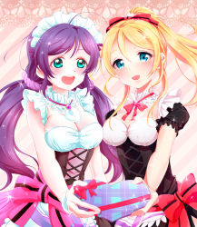 Rule 34 | 10s, 2girls, :d, ahoge, aqua eyes, ayase eli, blonde hair, bow, box, breasts, carrying, cleavage, gift, gift box, hair bow, hair ribbon, heart, highres, large breasts, long hair, looking at viewer, love live!, love live! school idol project, low twintails, maid, maid headdress, medium breasts, mogyutto &quot;love&quot; de sekkin chuu!, multiple girls, open mouth, pipette (artist), ponytail, purple hair, ribbon, smile, tojo nozomi, twintails