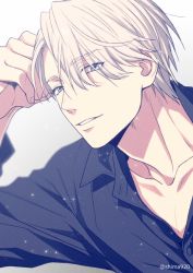 Rule 34 | 1boy, arm up, black shirt, blue eyes, blurry, blush, buttons, collarbone, collared shirt, commentary request, depth of field, dress shirt, grey background, grey hair, hair over one eye, light particles, looking at viewer, male focus, mashima shima, parted lips, shirt, short hair, smile, solo, twitter username, upper body, viktor nikiforov, yuri!!! on ice