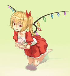 Rule 34 | 1girl, bare legs, barefoot, blonde hair, character doll, charisma guard, collarbone, colored eyelashes, cowering, female focus, flandre scarlet, hair ribbon, highres, holding, jinyuan712, kneeling, no headwear, open mouth, red eyes, remilia scarlet, ribbon, short hair, side ponytail, skirt, skirt set, smile, solo, touhou, wings