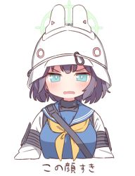 Rule 34 | 1girl, blue archive, blue eyes, halo, helmet, highres, long sleeves, looking at viewer, naga u, neckerchief, open mouth, purple hair, sailor collar, saki (blue archive), school uniform, short hair, simple background, solo, v-shaped eyebrows, wavy mouth, white background, yellow neckerchief