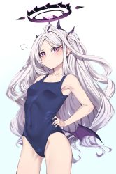 Rule 34 | 1girl, bare shoulders, blue archive, blush, breasts, closed mouth, collarbone, halo, highres, hina (blue archive), horns, long hair, moisture (chichi), navel, one-piece swimsuit, parted bangs, purple eyes, school swimsuit, silver hair, simple background, small breasts, solo, swimsuit, wings
