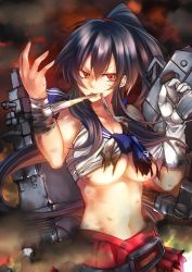 Rule 34 | 10s, 1girl, bad id, bad pixiv id, bandages, bandaged arm, bandages, black hair, breasts, frown, gloves, hachisaki, kantai collection, large breasts, long hair, looking at viewer, miniskirt, mouth hold, navel, ponytail, red eyes, single glove, skirt, solo, torn clothes, underboob, very long hair, yahagi (kancolle)
