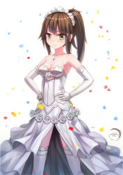 Rule 34 | 1girl, akatsuki (warship girls r), bare shoulders, breasts, bride, brown hair, cleavage, collarbone, confession, dress, elbow gloves, gloves, green eyes, hair ornament, hands on own hips, jewelry, necklace, pendant, ponytail, showgirl skirt, smile, solo, strapless, strapless dress, thighhighs, warship girls r, wedding dress, white dress, white gloves, white thighhighs, xiaoyin li, zettai ryouiki