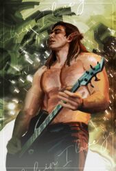 Rule 34 | 1boy, absurdres, baldur&#039;s gate, baldur&#039;s gate 3, bara, brown hair, bubujelra, closed eyes, contemporary, cowboy shot, dark-skinned male, dark skin, dungeons &amp; dragons, electric guitar, elf, guitar, hairy, halsin, highres, instrument, male focus, mature male, medium hair, muscular, muscular male, music, nature, no nipples, pants, pectorals, playing instrument, pointy ears, realistic, solo, sparse arm hair, sparse chest hair, thick eyebrows, topless male