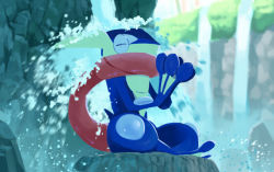 Rule 34 | 1other, blue skin, blue theme, blurry, blurry background, closed eyes, colored skin, creatures (company), day, full body, furry, game freak, gen 6 pokemon, greninja, hands up, indian style, long tongue, meditation, motion blur, multicolored skin, nintendo, other focus, outdoors, own hands together, palms together, pokemon, pokemon (creature), rock, sitting, solo, splashing, tongue, tongue out, two-tone skin, uroko (rwde4544), water, waterfall, webbed feet, webbed hands, yellow skin