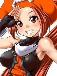 Rule 34 | 1girl, black gloves, black shirt, breasts, brown eyes, brown hair, female focus, fingerless gloves, funnyari, gloves, grin, guilty gear, guilty gear x, guilty gear xx, hat, impossible clothes, long hair, looking at viewer, lowres, may (guilty gear), medium breasts, orange hat, orange shirt, pirate, pirate hat, salute, shirt, skull and crossbones, smile, solo, undershirt, upper body
