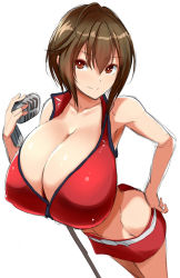 Rule 34 | 1girl, bare shoulders, breasts, brown eyes, brown hair, cleavage, collarbone, female focus, from above, gigantic breasts, highres, huge breasts, kloah, meiko (vocaloid), microphone, shiny skin, short hair, standing, vocaloid