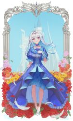 Rule 34 | 1girl, blue dress, blue hair, braid, castle, colored inner hair, commentary, dress, earrings, flower, french braid, gloves, half updo, hand on own chest, head tilt, high-low skirt, highres, jewelry, lize helesta, lize helesta (3rd costume), looking at viewer, multicolored hair, nakashima (pluscolor), nijisanji, princess, puffy short sleeves, puffy sleeves, purple eyes, purple flower, purple rose, red flower, red rose, rose, short sleeves, solo, tiara, triangle earrings, virtual youtuber, white footwear, white gloves, white hair, yellow flower