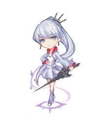 Rule 34 | 1girl, absurdres, dress, earrings, floating hair, full body, grey dress, grey eyes, grey footwear, hair ornament, highres, holding, holding weapon, jewelry, long hair, long sleeves, looking at viewer, m yin, necklace, ponytail, rwby, short dress, shrug (clothing), silver hair, simple background, smile, solo, standing, very long hair, weapon, weiss schnee, white background
