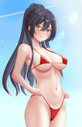 Rule 34 | 1girl, absurdres, armpits, bare shoulders, bikini, bikini pull, black hair, blue sky, blush, breasts, ca paria, cleavage, clothes pull, commentary request, cowboy shot, day, hair between eyes, highleg, highleg bikini, highres, idolmaster, idolmaster shiny colors, large breasts, long hair, looking at viewer, micro bikini, navel, ponytail, pulled by self, shirase sakuya, sky, smile, solo, stomach, sunlight, swimsuit, yellow eyes