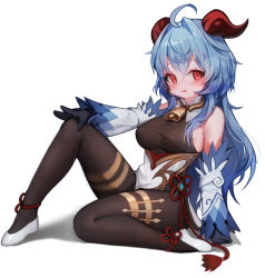 1girl, absurdres, ahoge, bangs, bare shoulders, bell, black gloves, blue hair, blush, bodystocking, bodysuit, breasts, cowbell, detached sleeves, full body, ganyu (genshin impact), genshin impact, gloves, goat horns, hair between eyes, highres, horns, knees up, long hair, love finn, parted lips, red eyes, shoes, simple background, sitting, smile, solo, white background, white footwear