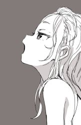Rule 34 | 1girl, bare shoulders, from side, grey background, greyscale, highres, long hair, monochrome, open mouth, original, profile, simple background, sketch, solo, upper body, yamamoto souichirou