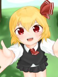 Rule 34 | 1girl, black skirt, black vest, blonde hair, bow, highres, looking at viewer, non-web source, open mouth, outstretched arms, red bow, red eyes, red tie, rumia, shirt, short hair, skirt, smile, touhou, vest, white shirt