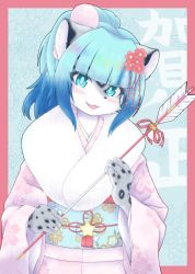 Rule 34 | 1girl, blue eyes, blue hair, furry, furry female, highres, japanese clothes, neguchi69, snow leopard, solo