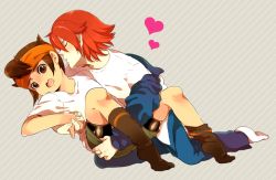 Rule 34 | 2boys, bike shorts, brown eyes, brown hair, closed eyes, endou mamoru, headband, holding hands, inazuma eleven, inazuma eleven (series), kiyama hiroto, multiple boys, open mouth, red hair, socks