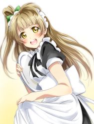 Rule 34 | 1girl, :d, alternate costume, apron, black ribbon, black shirt, blush, bow, brown hair, enmaided, floating hair, green bow, hair bow, highres, holding, holding plate, long hair, looking at viewer, love live!, love live! school idol project, maid, minami kotori, neck ribbon, open mouth, plate, ribbon, shirt, short sleeves, side ponytail, simple background, smile, solo, standing, vorupi, white apron, white background, yellow eyes