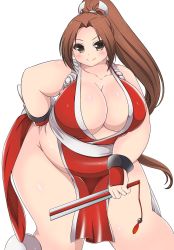 Rule 34 | &gt;:), 1girl, bare shoulders, blush, breasts, brown eyes, brown hair, cleavage, contrapposto, fat, fat rolls, hand on own hip, highres, huge breasts, kurokaze no sora, leaning forward, long hair, looking at viewer, no panties, obese, pelvic curtain, ponytail, revealing clothes, shiranui mai, smile, solo, standing, the king of fighters, thick arms, thick thighs, thighs, v-shaped eyebrows, wide hips