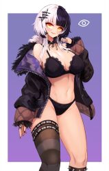 Rule 34 | 1girl, black bra, black choker, black hair, black jacket, black nails, black panties, black thighhighs, bra, breasts, choker, hair ornament, hand up, highres, hololive, hololive english, jacket, jewelry, large breasts, long hair, looking at viewer, multicolored hair, navel, notte, off shoulder, open clothes, open jacket, open mouth, panties, ring, shiori novella, shiori novella (1st costume), single thighhigh, solo, spikes, split-color hair, stomach, thighhighs, thighs, underwear, virtual youtuber, white hair, yellow eyes