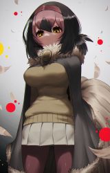 Rule 34 | 1girl, bird tail, black hair, breasts, brown skirt, brown sweater, closed mouth, dodo (kemono friends), empty eyes, feathers, from below, fur collar, fur trim, grey background, hair between eyes, hairband, highres, kemono friends, long sleeves, looking down, miniskirt, multicolored hair, notora, pantyhose, pink hair, pink hairband, pink pantyhose, pleated skirt, poncho, short hair, simple background, skirt, solo, sweater, tail, yellow eyes