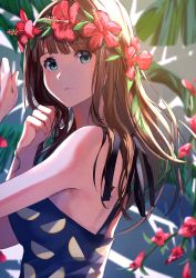 Rule 34 | 1girl, armpit peek, arms up, bare arms, blue dress, blue eyes, breasts, brown hair, curled fingers, day, dress, expressionless, flower, flower wreath, from side, fruit pattern, hibiscus, highres, long hair, looking at viewer, medium breasts, original, outdoors, palm leaf, plant, solo, sone (takahiro-osone), standing, sundress, upper body, vines