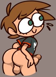 Rule 34 | 1boy, ahoge, animal crossing, ass, black shirt, bottomless, brown background, brown hair, closed mouth, clothes writing, constricted pupils, cowboy shot, cropped legs, erection, flying sweatdrops, from behind, green eyes, looking to the side, male focus, nervous, nintendo, penis, red trim, shirt, short hair, short sleeves, sidelocks, simple background, smile, solo, standing, swept bangs, testicles, uncensored, vilepluff, villager (animal crossing), wide-eyed