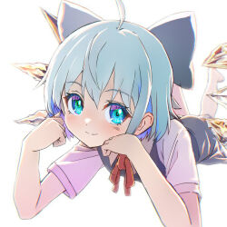 Rule 34 | 1girl, ahoge, barefoot, blue bow, blue eyes, blue hair, blurry, bow, cirno, closed mouth, commentary, depth of field, hair bow, ice, ice wings, looking at viewer, lying, on stomach, shiroi karasu, short hair, short sleeves, simple background, smile, solo, symbol-only commentary, touhou, white background, wings