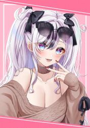 Rule 34 | 1girl, :d, azur lane, bare shoulders, black bow, black hair, blush, bow, bra strap, breasts, brown sweater, cleavage, commentary request, elbe (azur lane), elbe (pure-hearted bad girl) (azur lane), eyewear on head, hair between eyes, hair bow, highres, konparu uran, large breasts, long hair, long sleeves, looking at viewer, multicolored hair, nail polish, off-shoulder sweater, off shoulder, official alternate costume, open mouth, pink background, red nails, smile, solo, streaked hair, sunglasses, sweater, two side up, upper body, very long hair, white hair