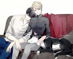 Rule 34 | 1boy, 1girl, animal, artist name, black hair, black hayate, black shirt, blanket, blonde hair, blue pants, breasts, brown eyes, closed eyes, collar, commentary, couch, dog, dress shirt, expressionless, feet out of frame, fullmetal alchemist, gearous, grey pants, hair over one eye, head rest, head tilt, light smile, locked arms, long sleeves, looking down, medium breasts, pants, petting, riza hawkeye, roy mustang, shirt, short hair, simple background, sitting, sleeping, sleeves rolled up, very short hair, white background, white shirt