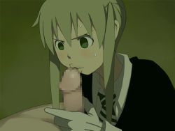 Rule 34 | 00s, blush, censored, clothed female nude male, formal, gloves, green eyes, ice place, lips, maka albarn, necktie, nude, oral, soul eater, soul evans, soul eater evans, suit, sweat, twintails