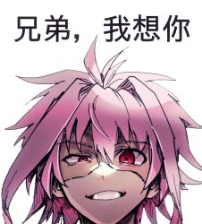 Rule 34 | 1boy, chinese commentary, chinese text, commentary request, grin, hair between eyes, hair intakes, highres, looking at viewer, male focus, nijou ryuu, patchwork skin, pink hair, red eyes, saibou shinkyoku, short hair, simple background, smile, solo, translation request, uneven eyes, white background, zhainuxiuer