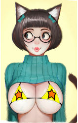 Rule 34 | 1girl, animal ears, bikini, bikini top only, black-framed eyewear, blunt bangs, bob cut, bow, breasts, brown hair, cat ears, cat tail, closed mouth, glasses, green bow, green eyes, green sweater, hair bow, highres, large breasts, looking to the side, meme attire, open-chest sweater, original, pink lips, randy (awesomevillage), red pupils, ribbed sweater, round eyewear, simple background, smile, solo, star (symbol), star print, sweater, swimsuit, tail, turtleneck, turtleneck sweater, upper body, veins, veiny breasts, yellow background, yellow bikini